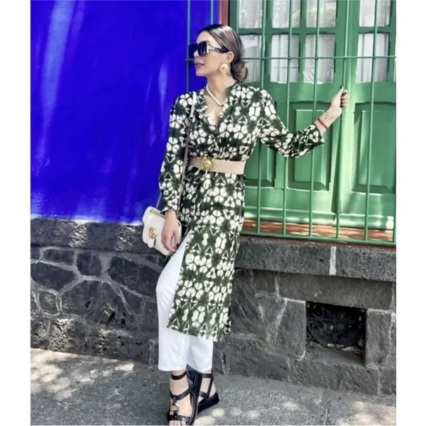 Zara Green Tie Dye Printed Button Front Midi Maxi Tunic Dress Cover Up Small NEW - Image 3
