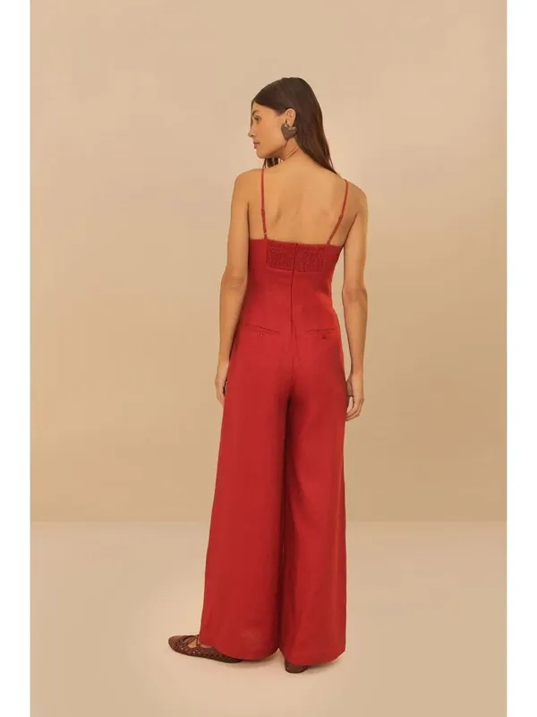 NWOT Farm Rio Red 3D Petals Bodice Euroflax Premium Linen Jumpsuit M Wide-Leg - Image 4