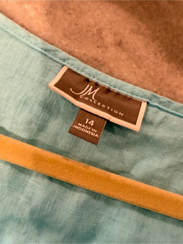 JM Collection Size 14 Aqua Blue Linen Button Down Collarless Beachy Tunic Top - Image 9