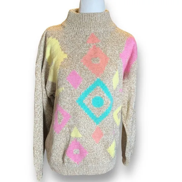 Vintage‎ 90s Sweater Geometric Multicolor Cropped Yellow Neutral Pullover Knit - Image 9