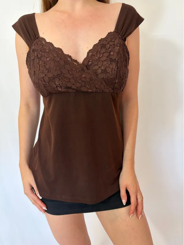 Dark Brown Cap Sleeve Lace Y2k Milkmaid Top - Image 7