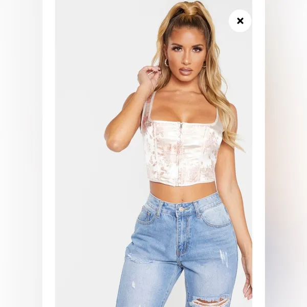 NEW! PrettyLittleThing Pink Satin Oriental Zip Front‎ Corset Crop Top - Image 8