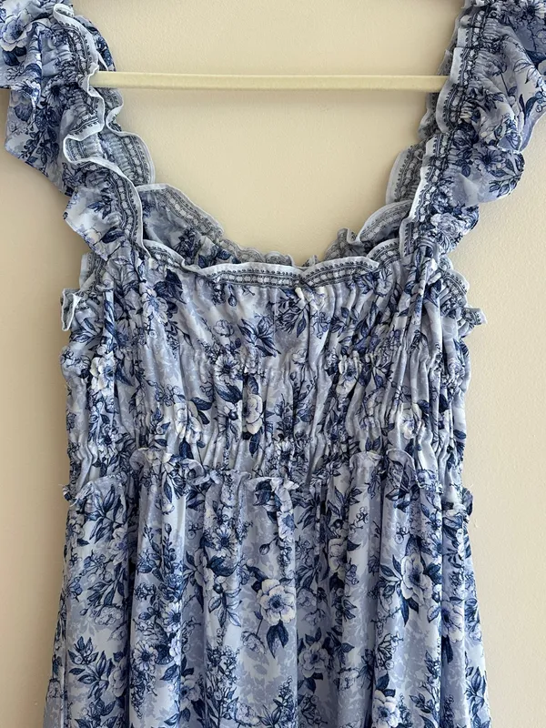 Max Studio Ruffle Cap Sleeve Tiered Maxi Dress, Light Blue Floral, Size Small - Image 14