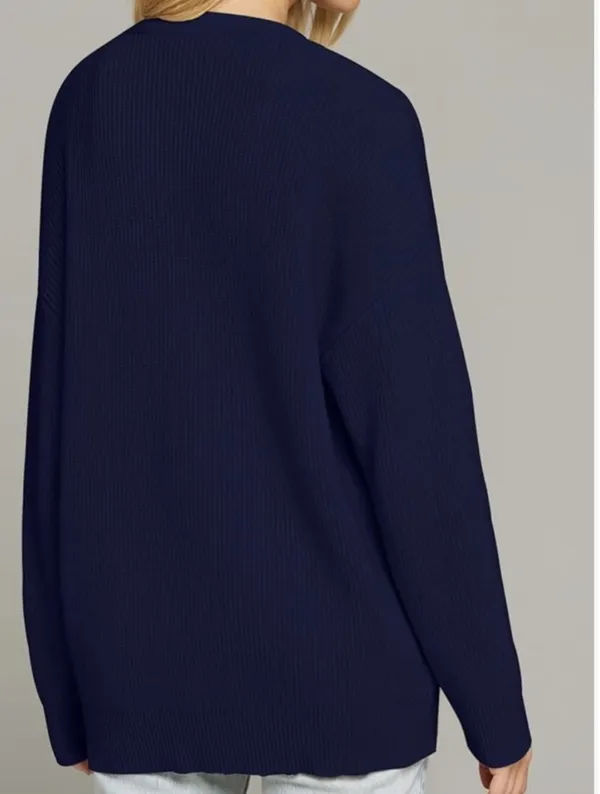 MEROKEETY Classic Navy Ribbed V-Neck Cardigan - Image 5