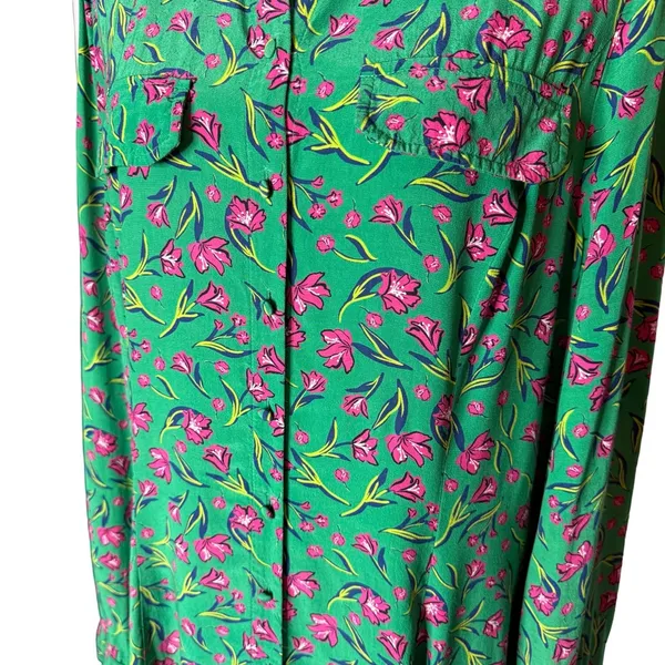 Long Tall Sally Green Button Front Midi Dress US 12 Large Shift Pink Floral - Image 5