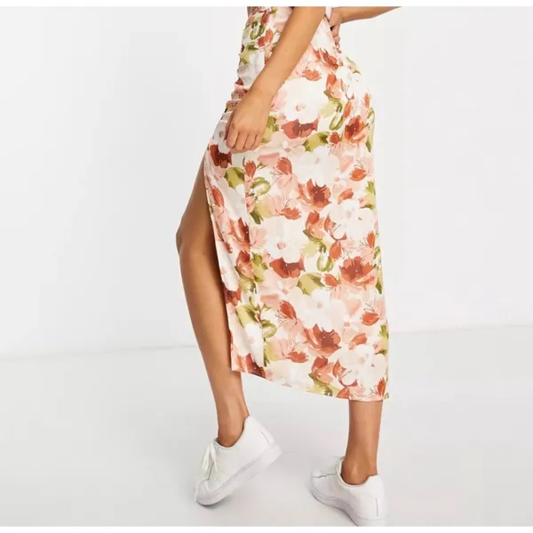 Abercrombie‎ & Fitch Womens Floral Ruched Satin Side Slit Midi Skirt Orange - Image 6