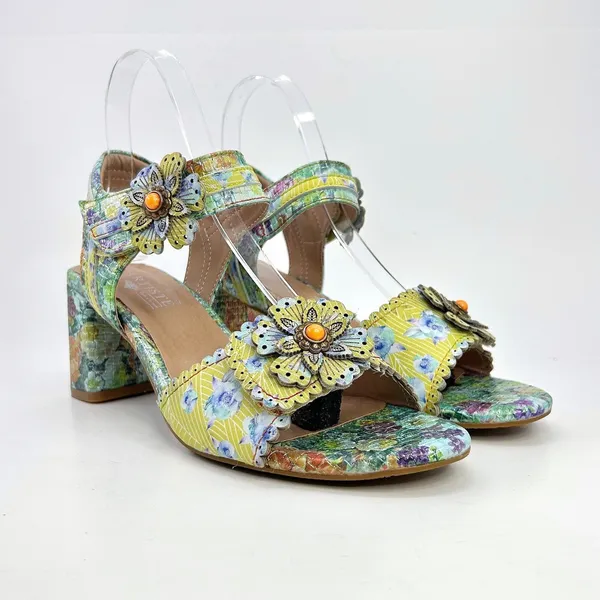 L'Artiste Spring Step Voguesh Floral Leather Block Heel Sandals 39 US 8.5 Boho - Image 2