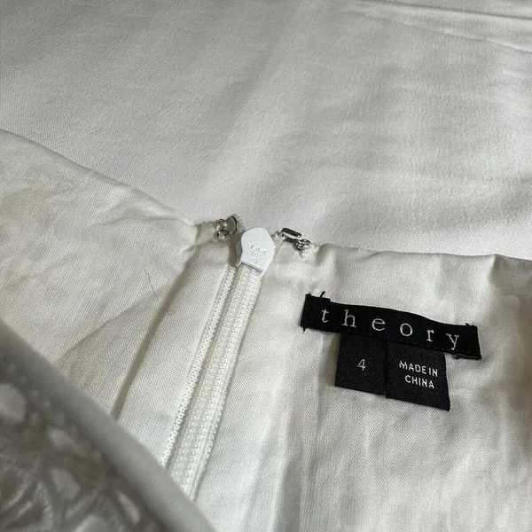 Theory Dress Afala White Eyelet Embroidered Cotton Size 4 Belted A-Line MIDI - Image 9