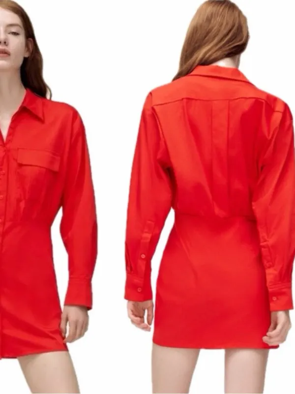 Zara Red Poplin Mini Shirt Dress with Long Sleeves NWT - Image 2