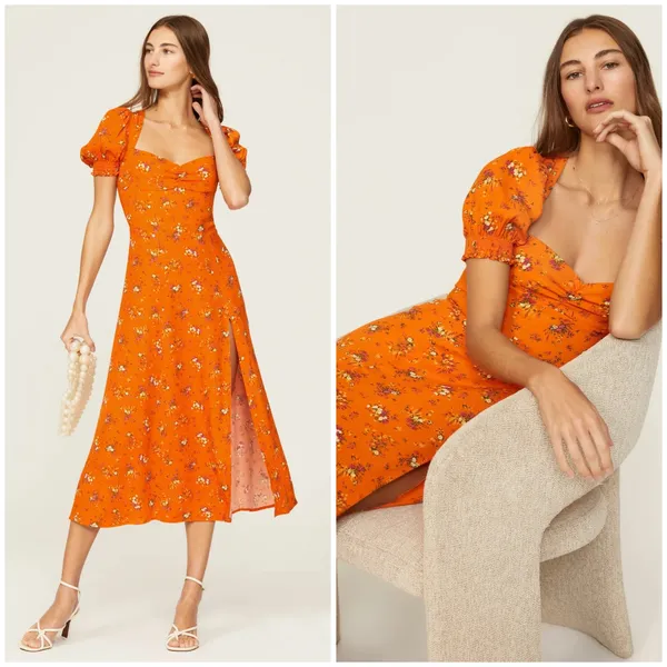 Reformation Lacey Dress Orange Floral Midi - Image 3