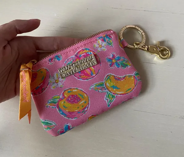 Simply Southern pink and orange peach fruit print gold tone key ring / ID wallet - Image 7