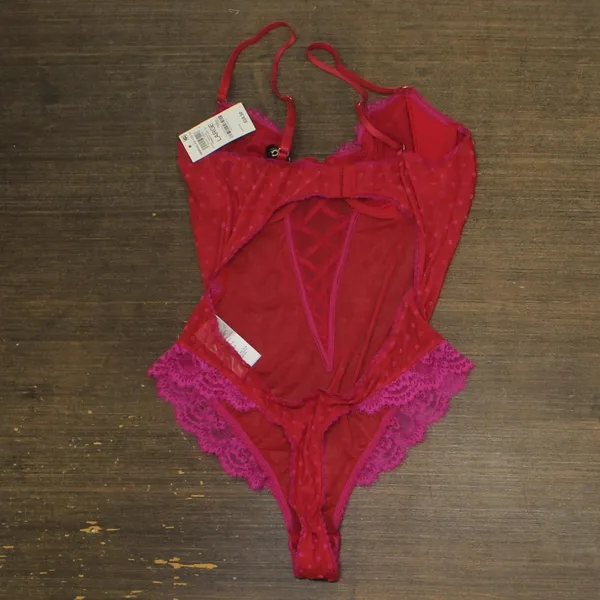 NWT INC International Concepts Floral Mesh Thong Bodysuit Crimson Leaf Red L - Image 5