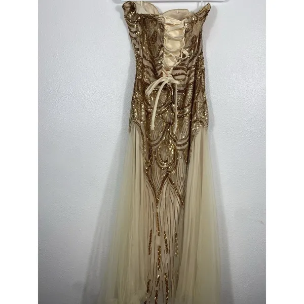 Angel Fashions Strapless Gold Sequin Beaded Long Gown Dress Women Size L - Image 6