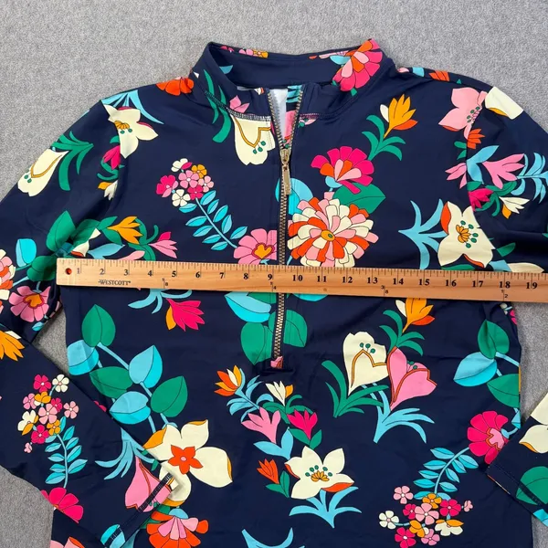 LOFT Women's Large Navy Blue Floral Long Sleeve 1/4 Zip Rash Guard Swim Top - Image 5