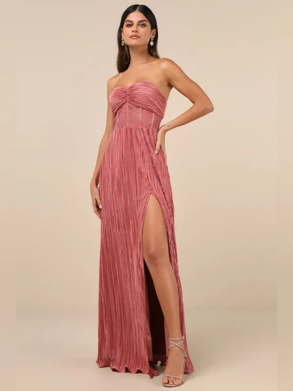LULU’S Desme Rose Pink Satin Plisse Strapless Maxi Dress - Image 3