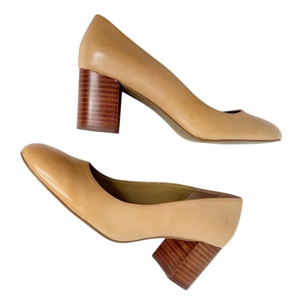 Adrienne Vittadini Stack Block Beige Leather Heels Sz 8.5 - Image 7