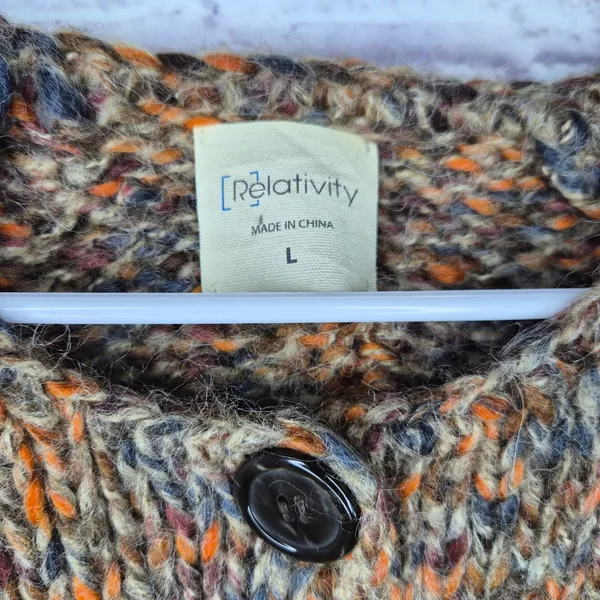 Relativity Chunky Knit Cardigan Sweater Large Mohair Alpaca Blend Brown Orange - Image 5