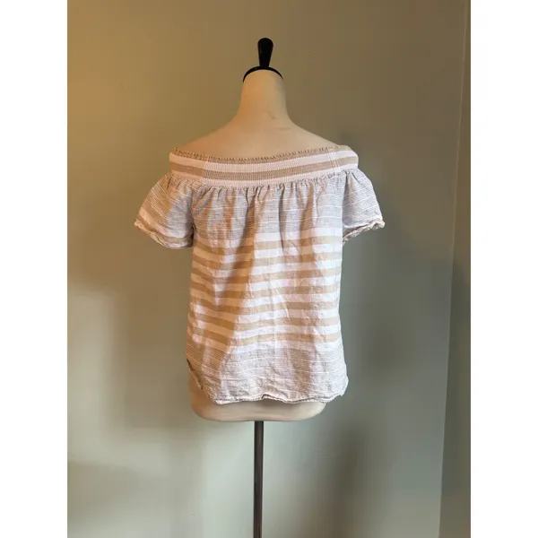 Vineyard Vines Linen Cotton Off Shoulder Top Beige M coastal preppy stripe dai - Image 5