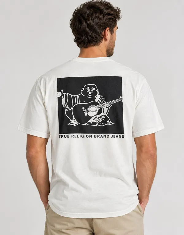 True Religion Men's White T-Shirt Buddha Guitar Back Graphic Crewneck Size L - Image 2
