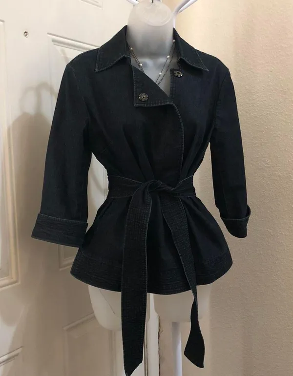 Apostrophe 2000s Y2K Goth Grunge office siren core Black denim fitted blazer jacket belted tie waist 3/4 sleeve & pockets-Size S Measurements in pics Excellent condition - Image 2