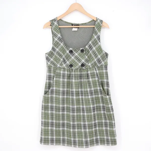 A-List by Wrapper Green Plaid Pinafore Mini Dress XL Sleeveless Jumper Pockets - Image 2