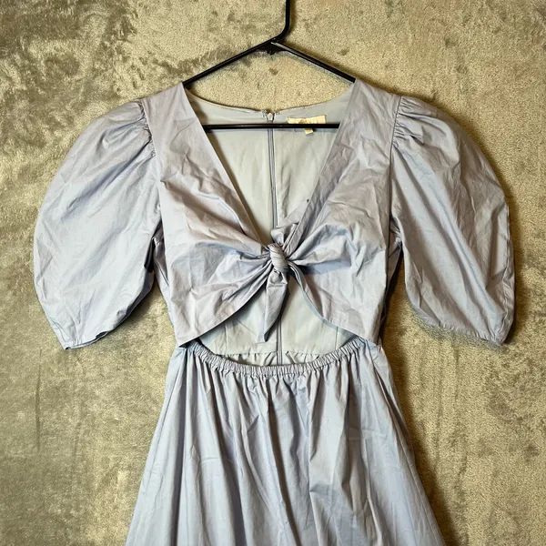 WAYF Peggy Twist Cut Out Short Puff Sleeve Midi Dress Blue Wedding Summer Cute 8 - Image 5
