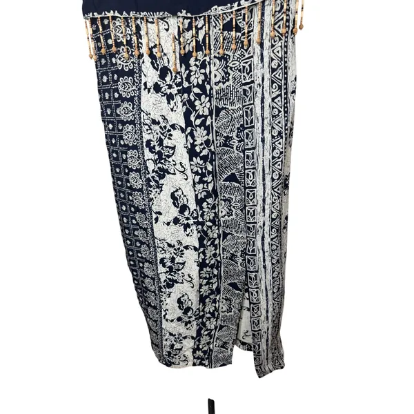 Dawn Joy Fashions Vintage Navy White‎ Batik Beaded Fringe Midi Dress USA Made - Image 3