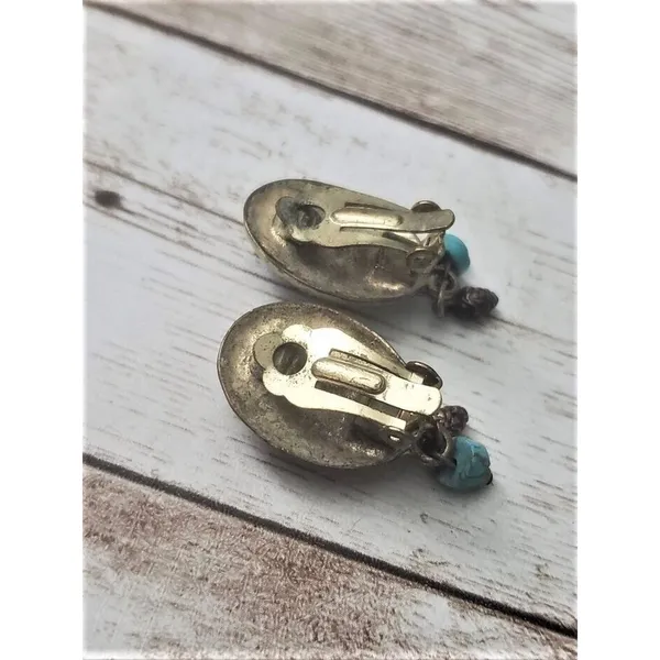 Vintage Clip On Earrings - Green Oval with Dangles - Image 3