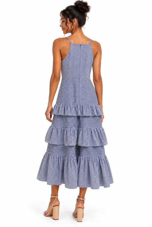 Just Me Blue Striped Tiered Ruffle Halter Midi Dress - Image 3