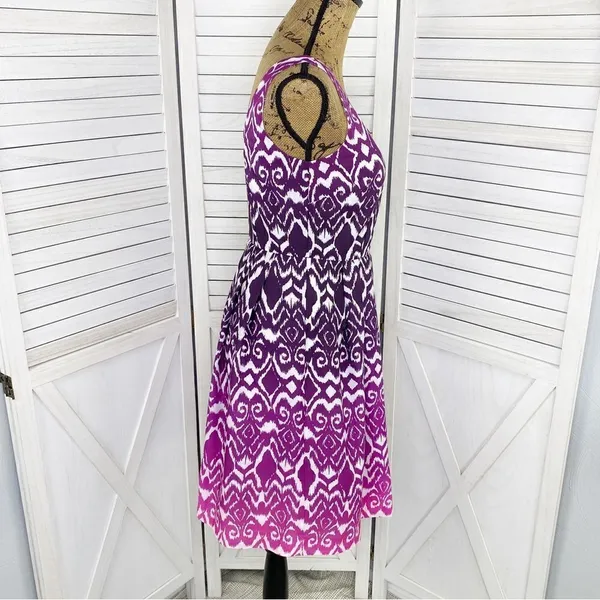 Ann Taylor Ombre Ikat Tribal‎ Print Fit Flare Dress Pink Purple 0 Sleeveless - Image 4
