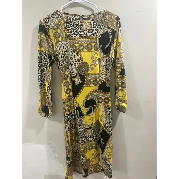 Carmen Marc Valvo Yellow Baroque Leopard Print Faux Wrap Dress Gold Stud Medium - Image 2