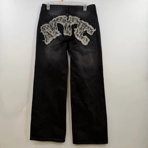 Disclosure NYC Leopard Patch Wide Leg Jeans 9/29 Black Y2K Distressed Baggy - Image 2