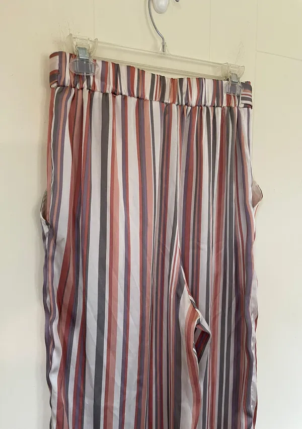 satin striped pants elastic waist belted pink grey women’s size M - Image 4