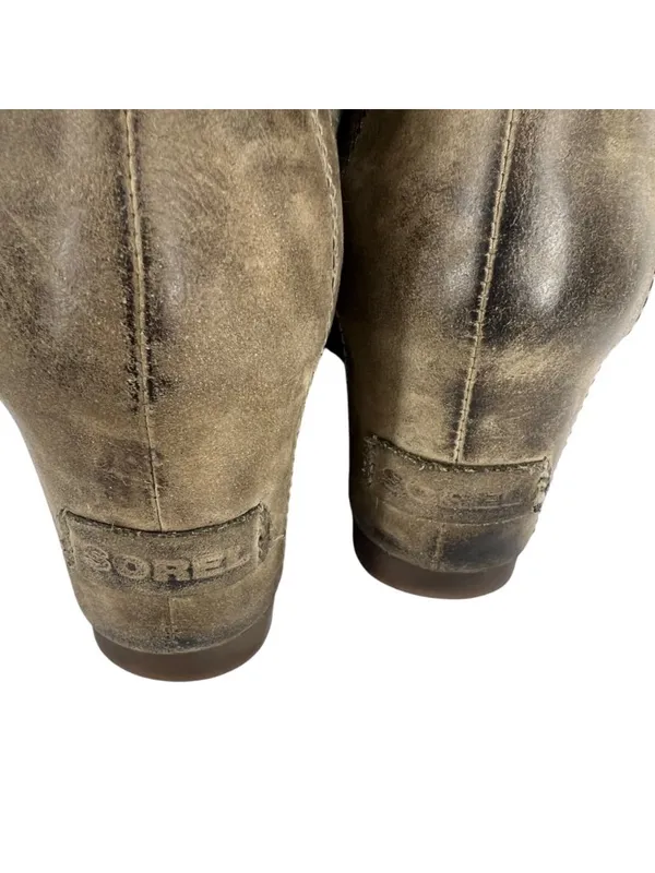 Sorel Lea Wedge Size 7 Olive Green Leather Distressed Ankle Boots Rugged Boho - Image 9