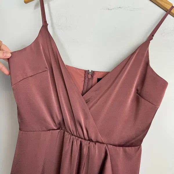 Lulus Enchanted Moments Mauve Pink Satin Ruffle Dress Sz Medium High Low V Neck - Image 7
