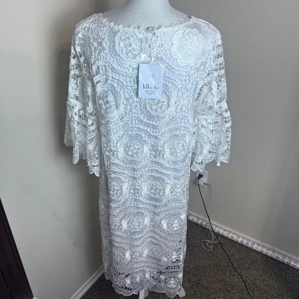 hlkodo White Floral Lace Shift Dress V-Neck Flutter Sleeve XL Cottagecore - Image 4