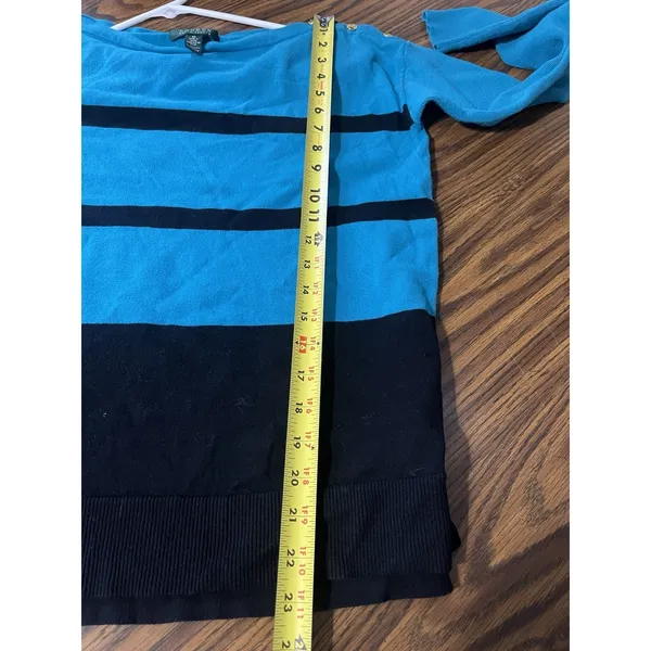 LAUREN Ralph Lauren Sweater Womens Med Blue Black Stripe Pullover Gold buttons - Image 6