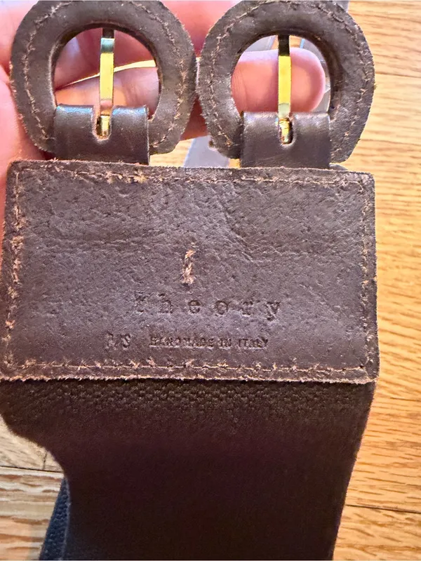 Theory Brown Wide Leather-Trim Belt with Gold Hardware- Small - Image 4