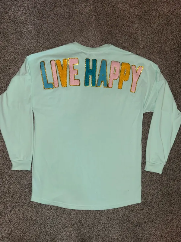Southern Charm Simply Southern Live Happy Sparkle Pink Smiley Long Sleeve Pom Pom Jersey - Image 2
