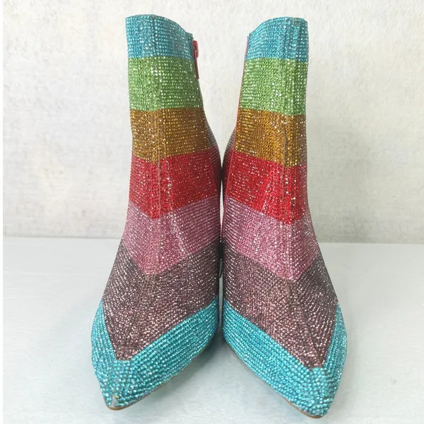 Betsey Johnson EMMY Rhinestone Ankle Boots Rainbow 8M Colorful Sparkle Stiletto‎ - Image 8