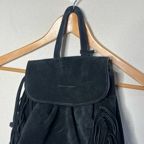 D2 DSQUARED Black Suede Fringe Backpack Western Boho Relaxed Low Hanging - Image 4