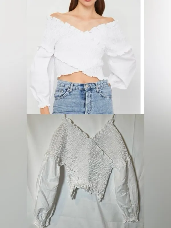 Zara White Smocked Off-Shoulder Wrap Crop Top - Image 2