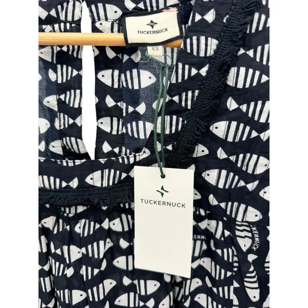 Tuckernuck‎ Piscis Catalans Fish Print Coverup Tunic Dress XS Black White Fringe - Image 4
