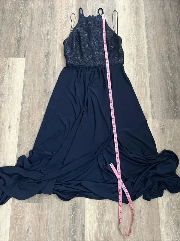 Morgan & Co Navy Lace Sequin Halter Maxi Gown Prom Evening Formal Dress Junior 7 - Image 10