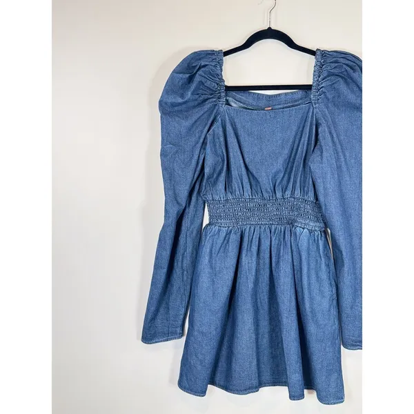 Free People Womens Dress Molly Mini Chambray Puff Sleeve Smocked A Line Large - Image 5