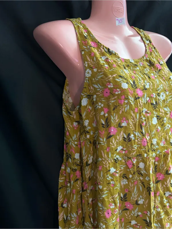 Floral Tiered Lightweight Maxi Dress in Mustard with Pink Floral Print SM - Image 5