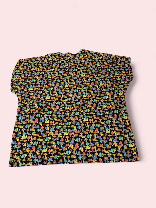 Source Unknown Black Short Sleeve scrub top w/ Colorful Mushroom and snail Print - Image 2