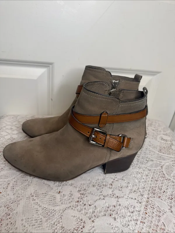 COACH Pauline Taupe Gray nubuck suede Ankle Boots with Brown Leather Strap 8.5 - Image 6
