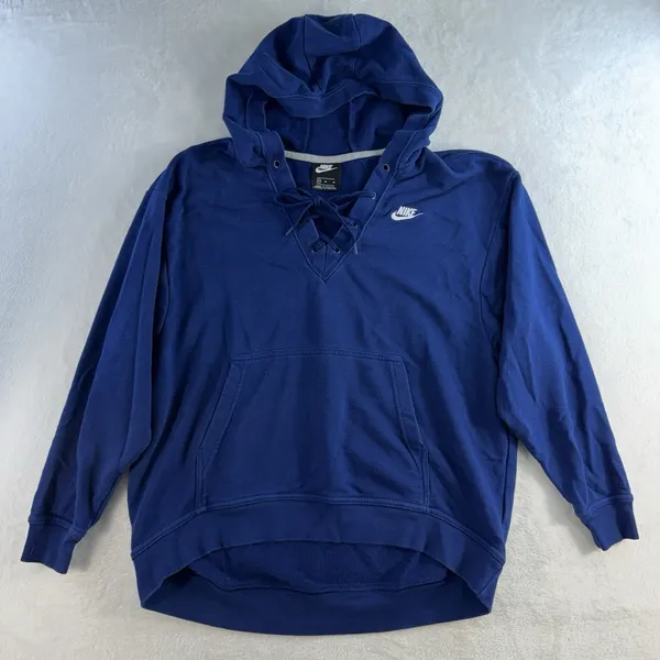 Nike M Medium Hoodie Sweatshirt Classic Swoosh Pullover Deep V-Neck Lace Up Blue - Image 2
