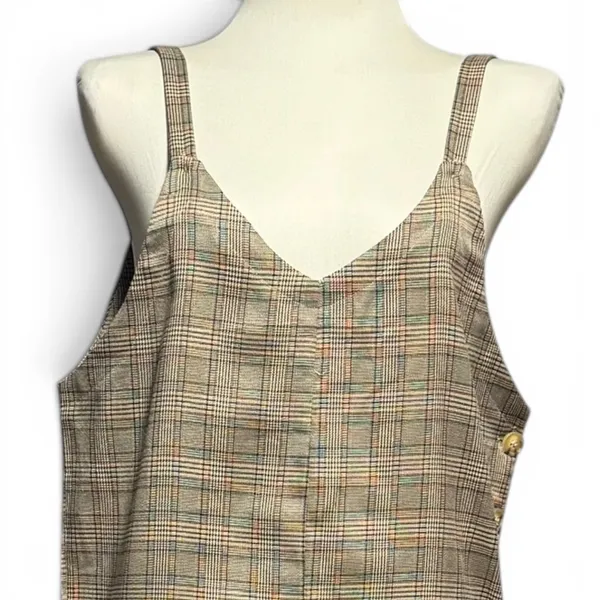 Hem & Thread Wide Leg Cropped Jumpsuit Plaid Brown Tan Beige Medium - Image 2